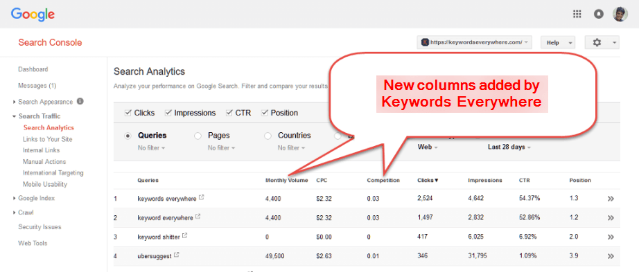 keywords everywhere search console